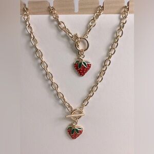 Gold Strawberry Toggle Charm Necklace & Bracelet Set